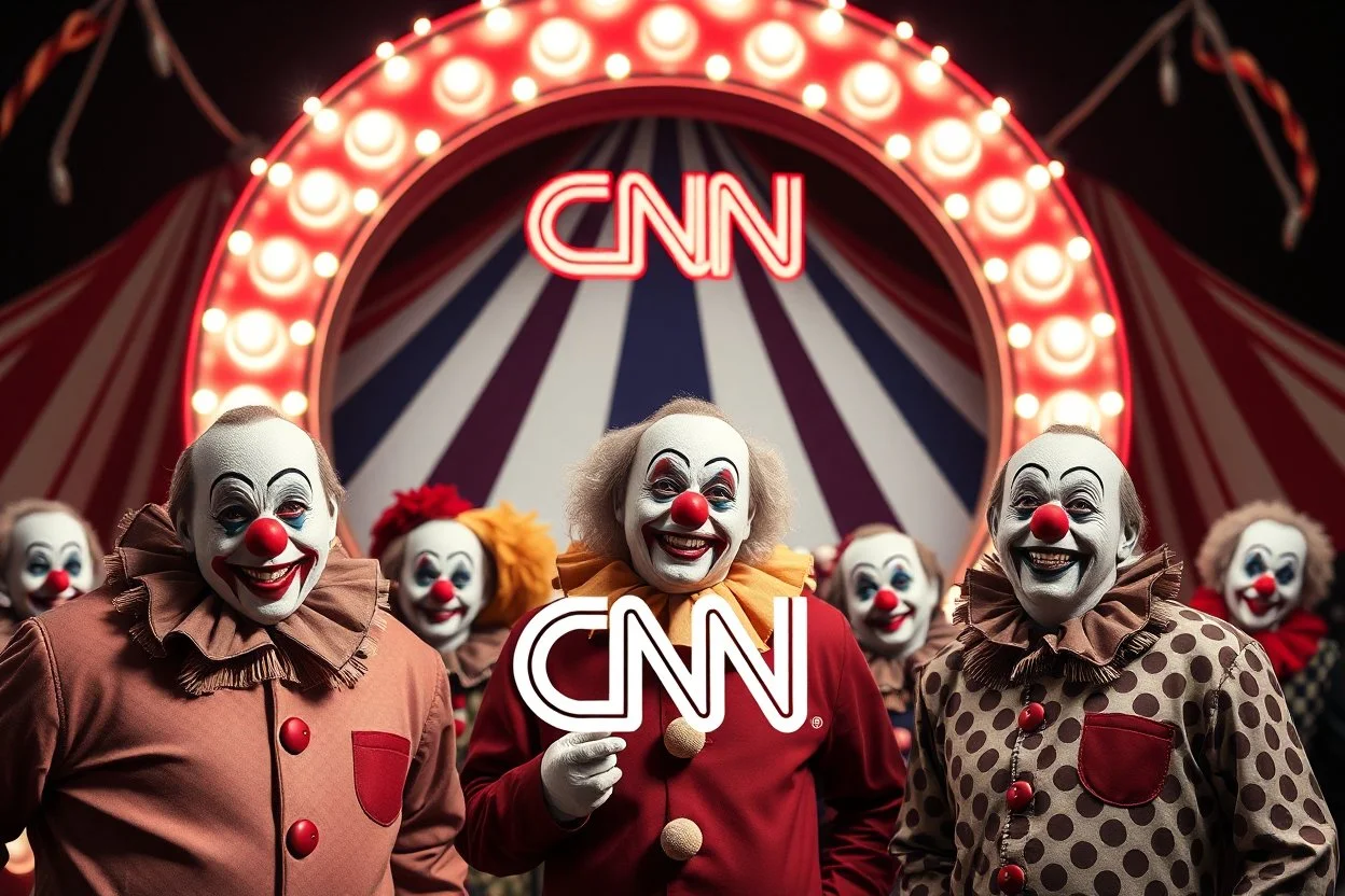 a group of clowns in front of the circus with a CNN logo