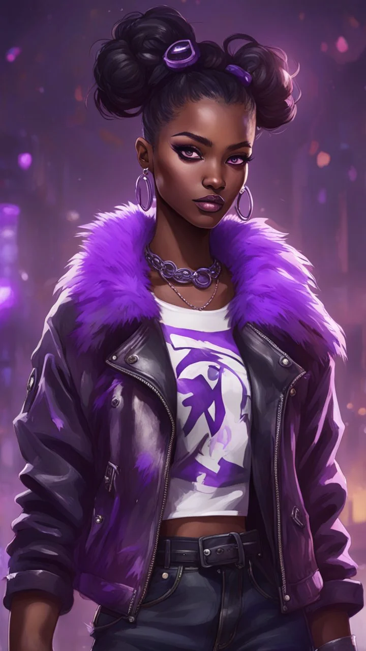 arcane tv show style, league of legends, solo, 1girl, attractive teenager, african, dark skin, dark-brown eyes, black hair, pair buns, (violet strand in forehead bang), necklace, earrings, modern makeup, (detailed skin texture), old leather jacket with violet fur collar, oversized torn t-shirt with half-erased unknown music group logo, You can see through the holes in the t-shirt her acid-green top, dark background, bokeh, cinematic atmosphere