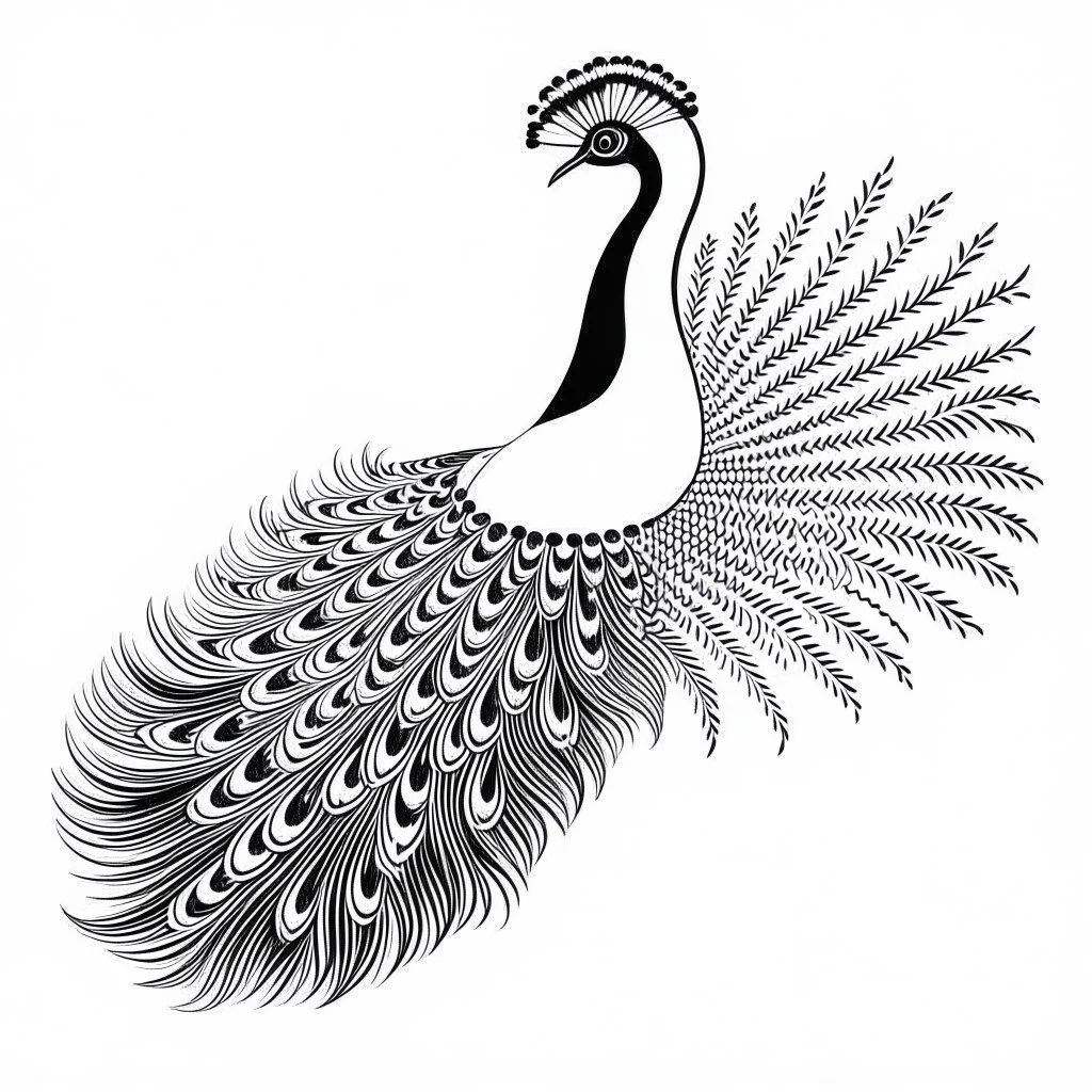 white, A peacock in flight, emphasizing its wingspan.., vector, white background, outline, with images neatly contained within the background, just black and white color, full body, no color.