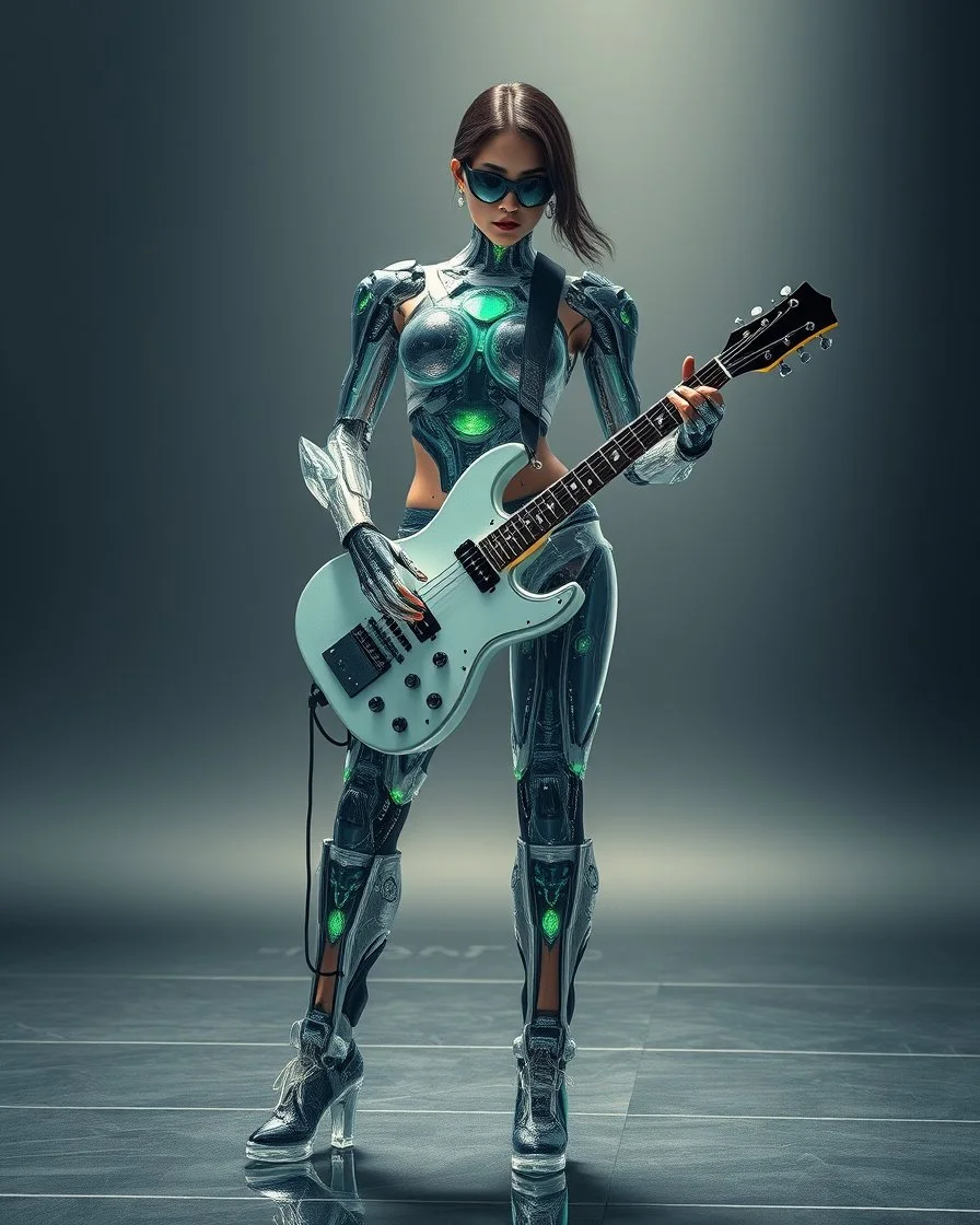 Dynamic pose Rocker, Front view full body all to feet rendering Beautiful Female as Futuristic Hybrid mecha robotic Guitarist body chasing clear surfaces it from made transparency super clear glass explore inside components nature plants, advance design futuristic sci fi picture,find details,Sony Alpha 7 50mm 1.8,medium shot, high-resolution image with fine details,ultra detailed,ultra realistic,extremely realistic,intricate,photorealistic,epic composition