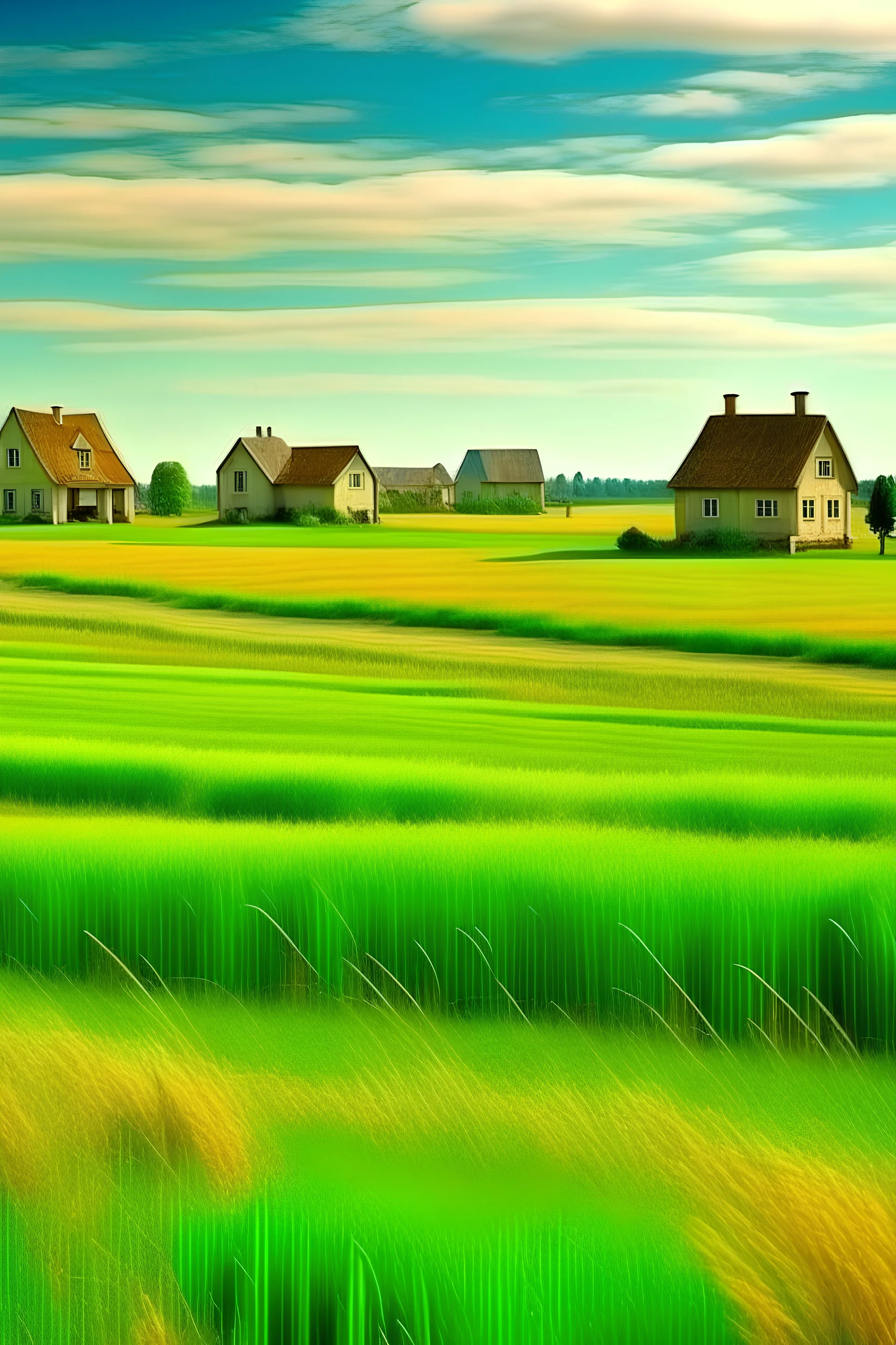 beautiful fields fith green grass and little cute houses