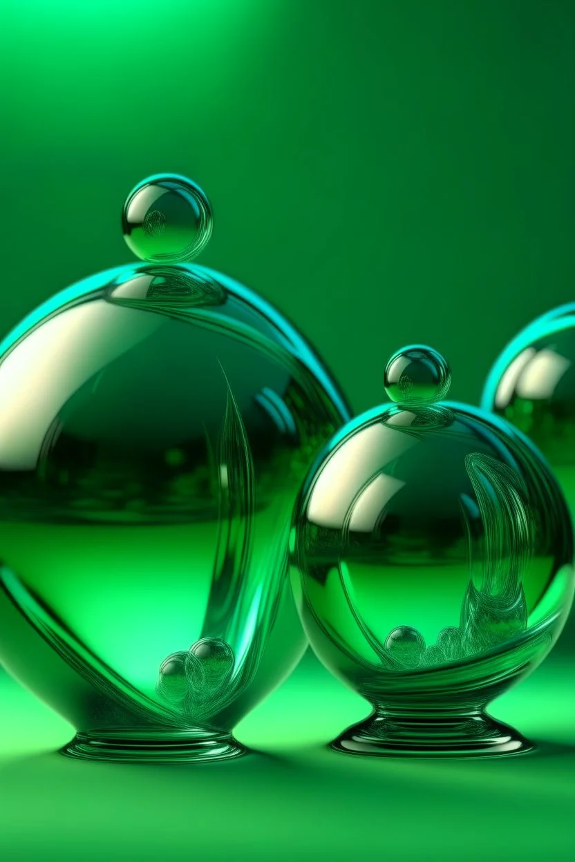 large and small glass balls figure swirling on the air and glass bubble balancing, calming nerves, relaxation, light shades, green tint background