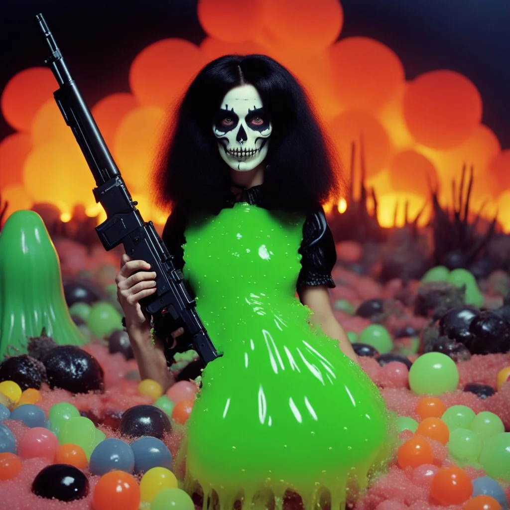 a 70s gun advertisment video TV advertisement featuring A goth 24 year model holding a rifle as a toy character made out of gelatinous slime and jello, as a claymation character toy from a claymation horror movie in burning rainbow land, from hell, skeleton aliens from damnation, creepy Videos black eyes, eyeballs everywhere , as old advertisement shot on video VHS