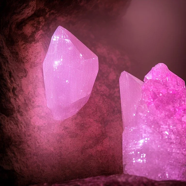 single pink crystal, on an altar in a foggy cave