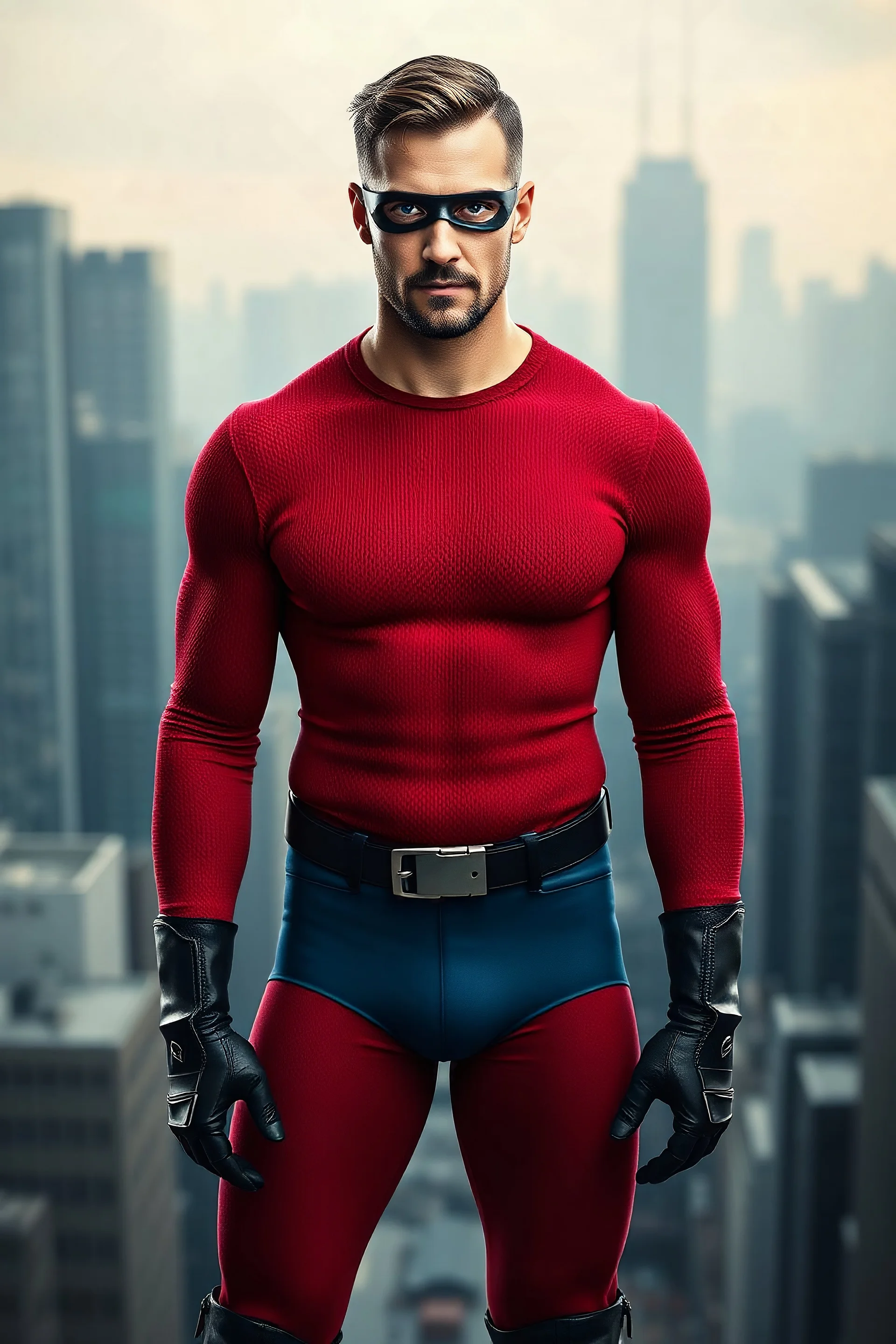 full-length, A portrait of a man with piercing blue eyes, a chiseled jaw, goatee, timeless face, stern expression, Wearing a skintight formfitting red, textured cotton hero suit, he wears a thin, black leather, bandit eye disguise over his eyes, blue trunks, a black belt with silver buckle, black wrist gauntlets, knee-high black leather boots, a futuristic cityscape background