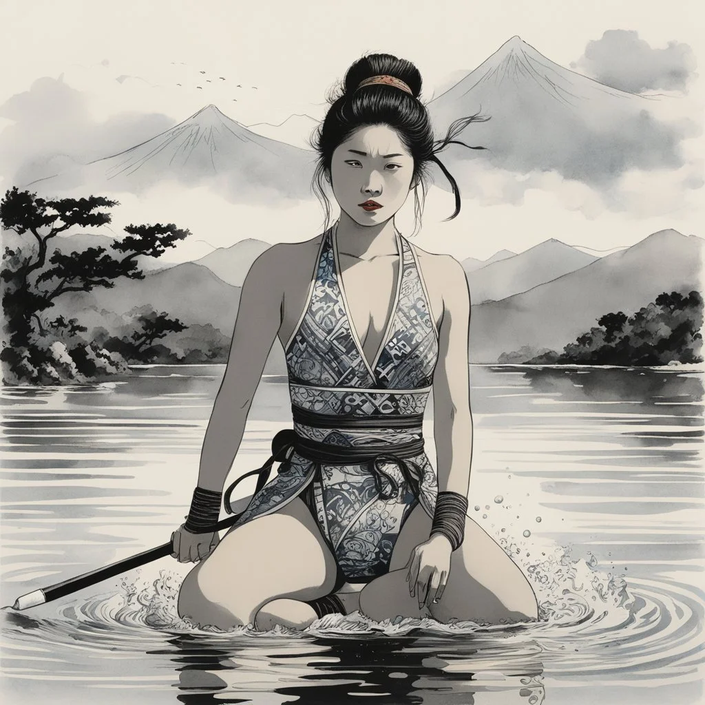 A surprised Nomadic samurai woman, 24-years-old wearing a one-piece swimsuit with patterns in traditional Chinese brush, expressive line, ink washes to fish in the water, poised on hands and knees, the overcast sky in the background, vintage 1980's photo