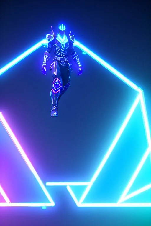 neon blue, flying parts of armor in form of triangles, cyber armor, geometric patterns on armor, male, orbiting triangle