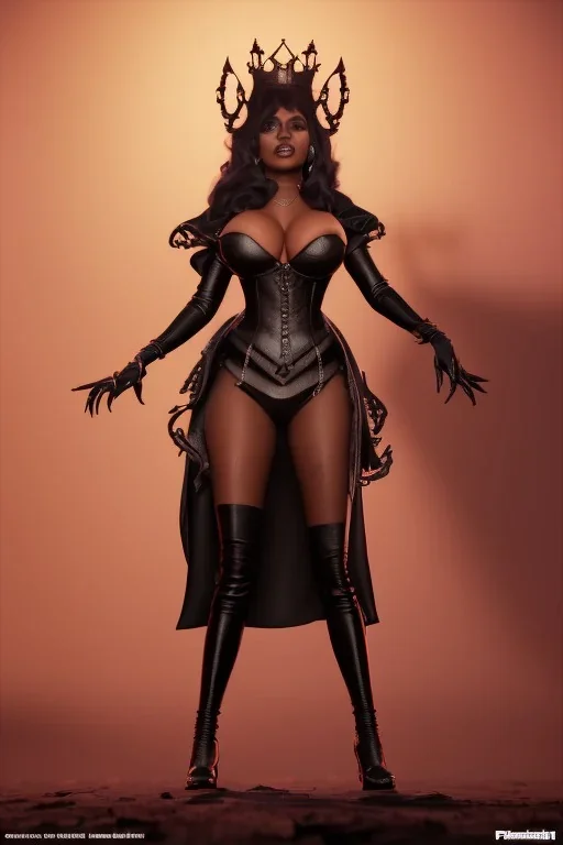 Pam Grier as evil queen in black leather, leather, busty, cleavage, angry, stern look. character design by cory loftis, fenghua zhong, ryohei hase, ismail inceoglu and ruan jia. unreal engine 5, artistic lighting, highly detailed, photorealistic, fantasy