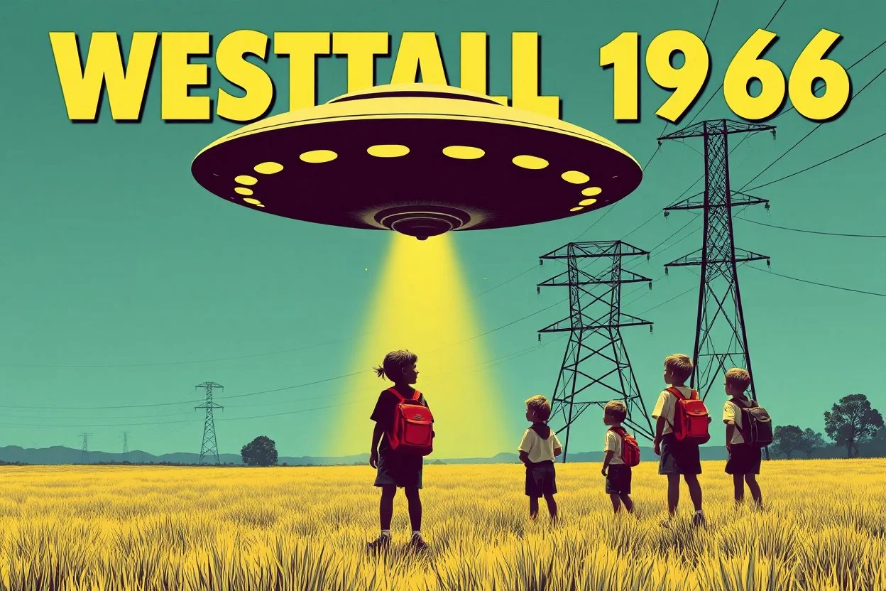 bumper sticker design, westall large flat ufo, in bold heading text "WESTALL 1966", lots of school children looking up in a field with high voltage powerline and gumtree's, mysterious cool, bold