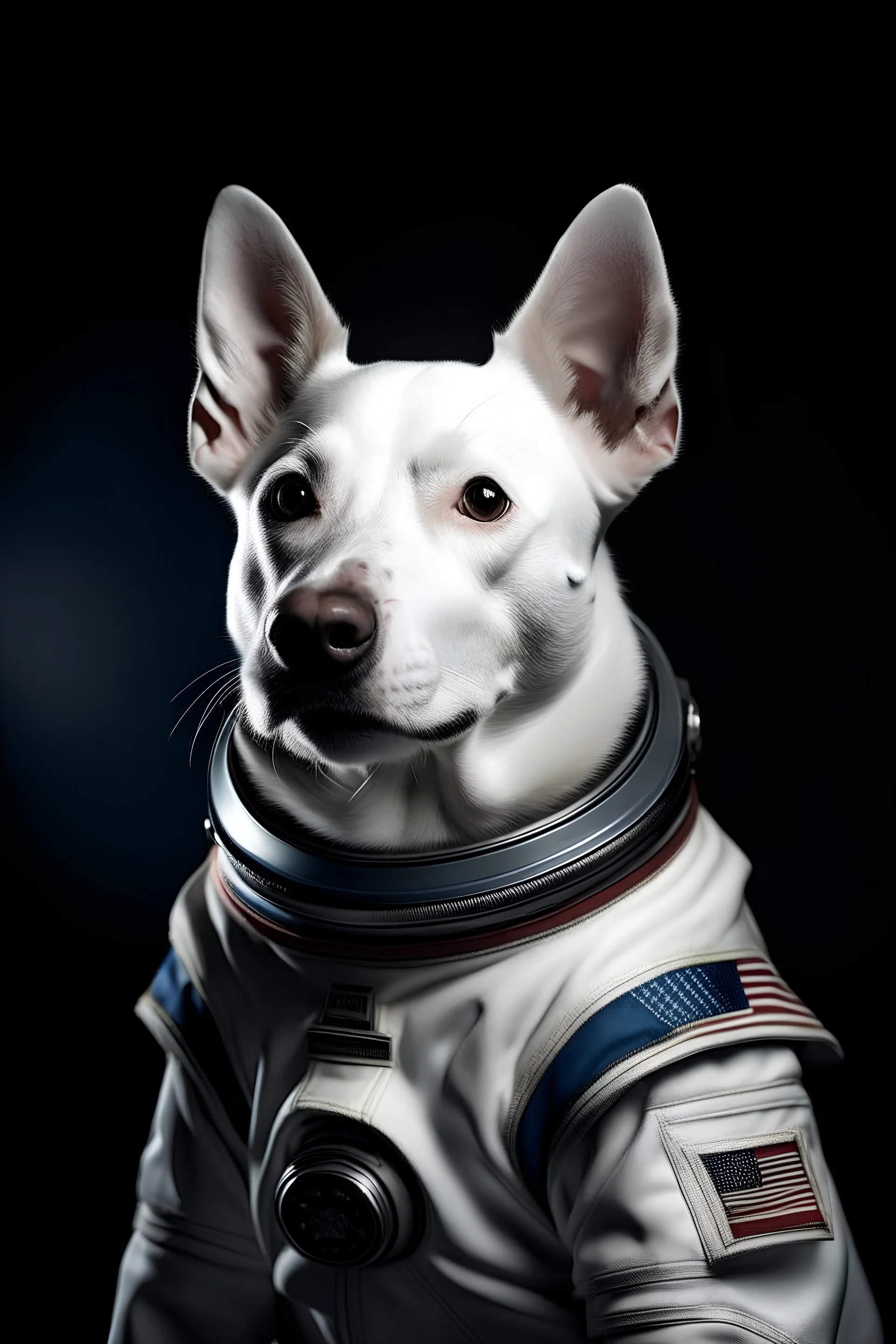 Portrait of a white dog with pointy ears in space wearing the US uniform