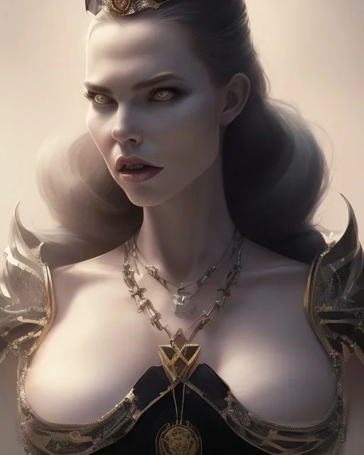 evil queen in black leather gown, busty, cleavage, angry, emperious, 8k resolution concept art portrait by Greg Rutkowski,