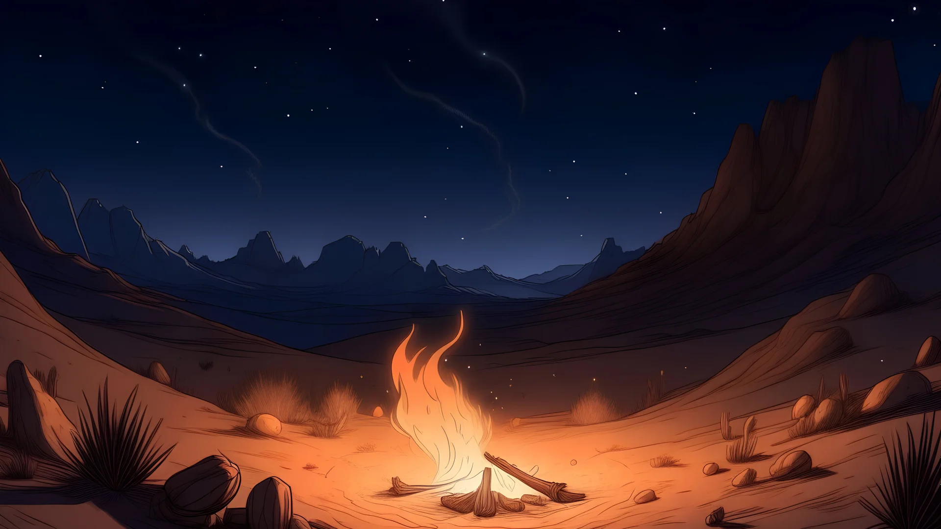 Drawing of a campfire in the desert at night