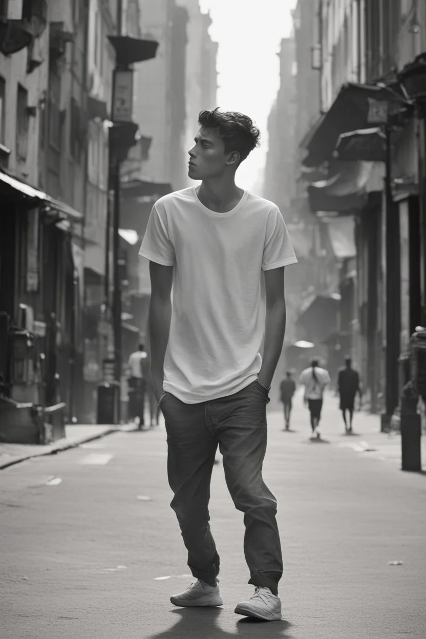 A 25-year-old boy in a men's sports tee is walking in the city, thinking with his head down, smoking a cigarette, and possessing the power of a god