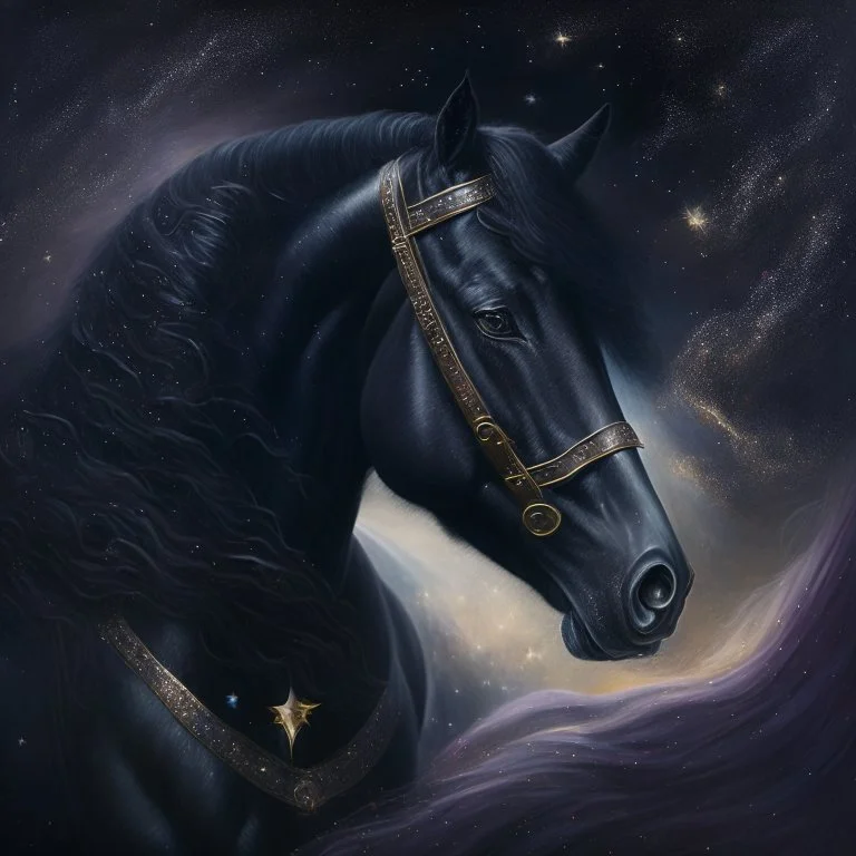 An oil painting of a dark universe horse