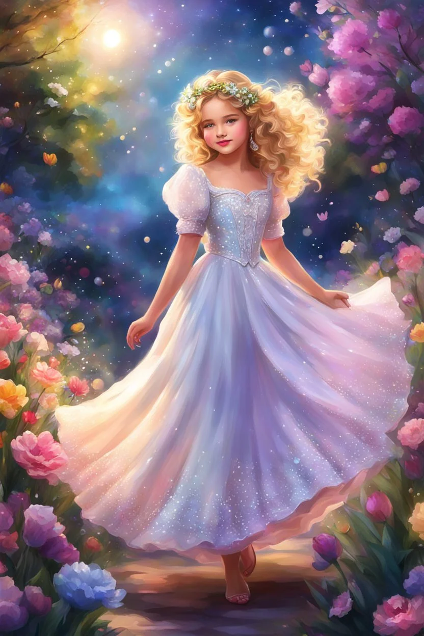 A girl with curly blonde hair and angelic eyes danced in the night amidst the colorful blooms of spring flowers, her pearl princess dress sparkling in the evening air, dispelling gloom with her beauty and grace. highly detailed, digital painting, beautiful, adorable digital painting, high quality, 4k