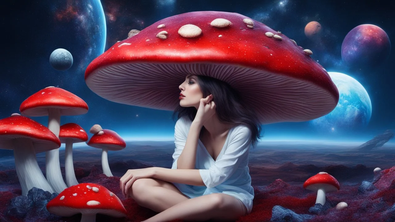 beautiful women sitting with red bor on blue, red, purple mushroom in space, planets at the back ground, hyper realistic.