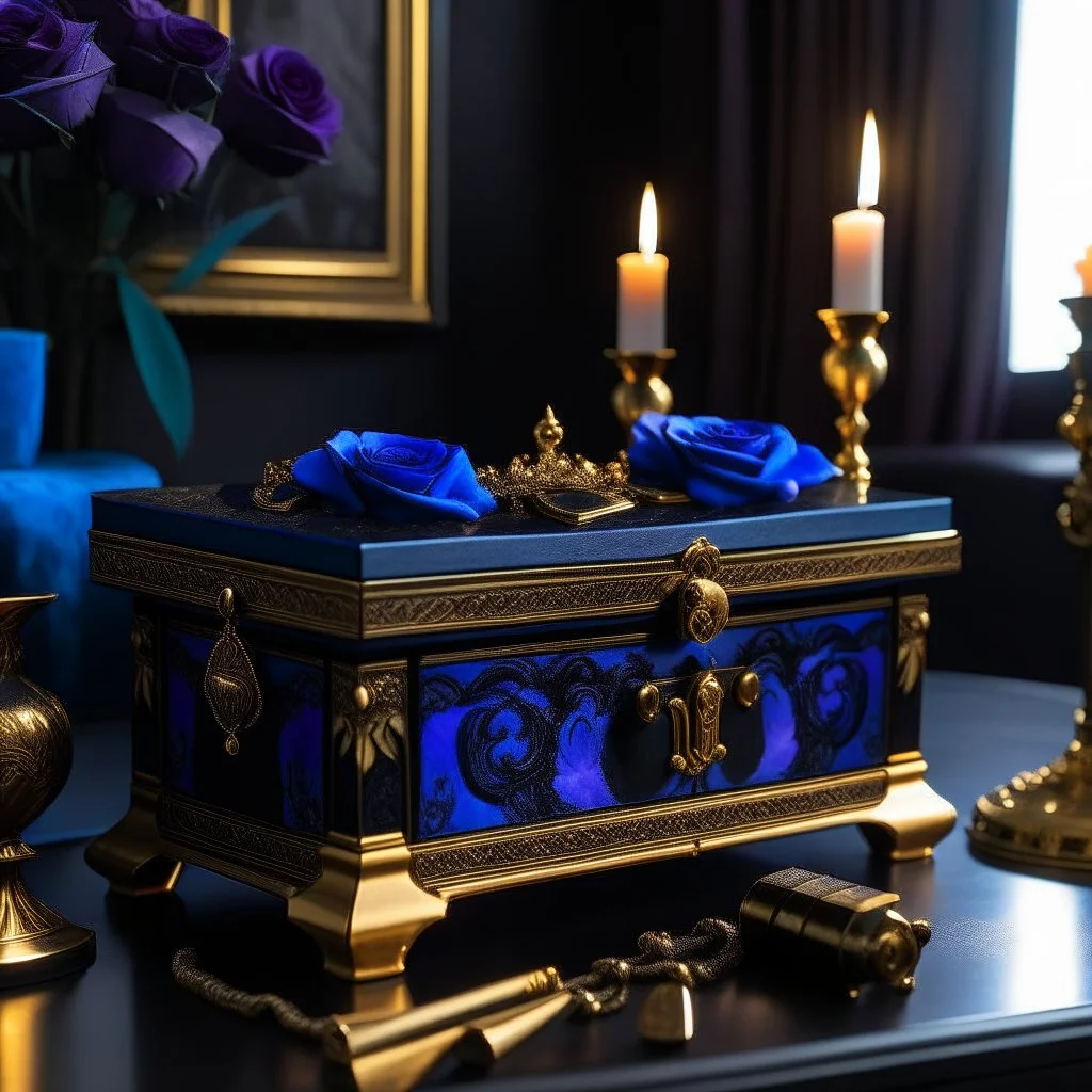 A black and gold decorated chest half opened and filled with purple blue roses in front of it a burning candle in delicate purple all on a light background