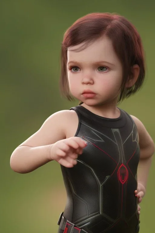 Black widow toddler, serious, full body, bokeh, hyper realistic