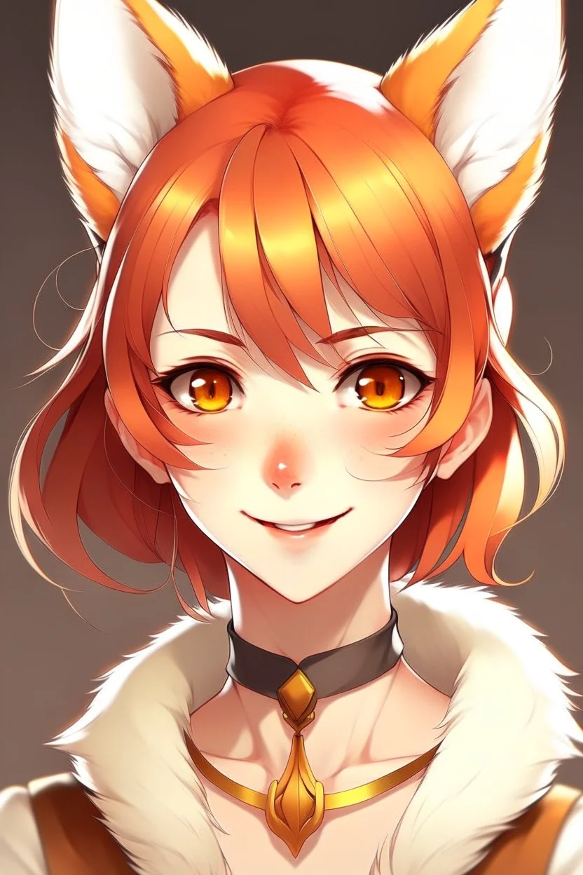 A young woman with very short red hair, gold eyes, large fox ears, slight smile, pale skin anime