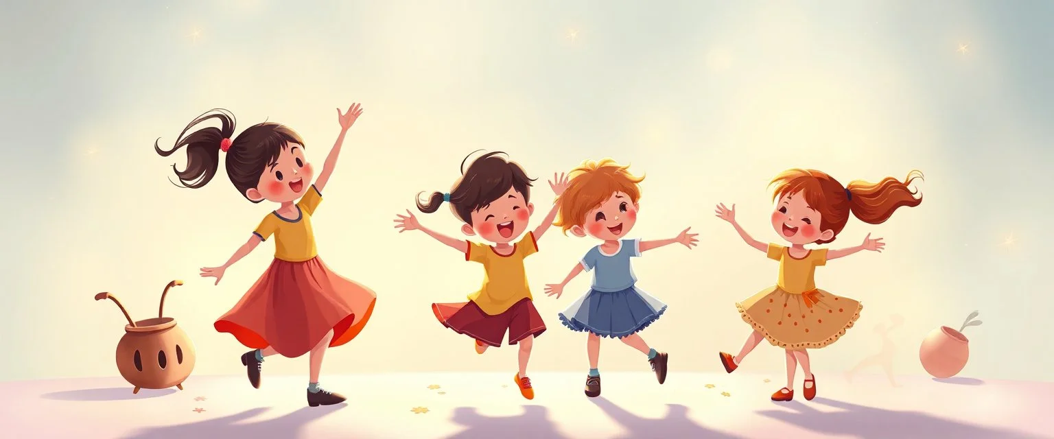 illustration of children playing and dancing. fantastic lighting, children's book proportions, on a light background