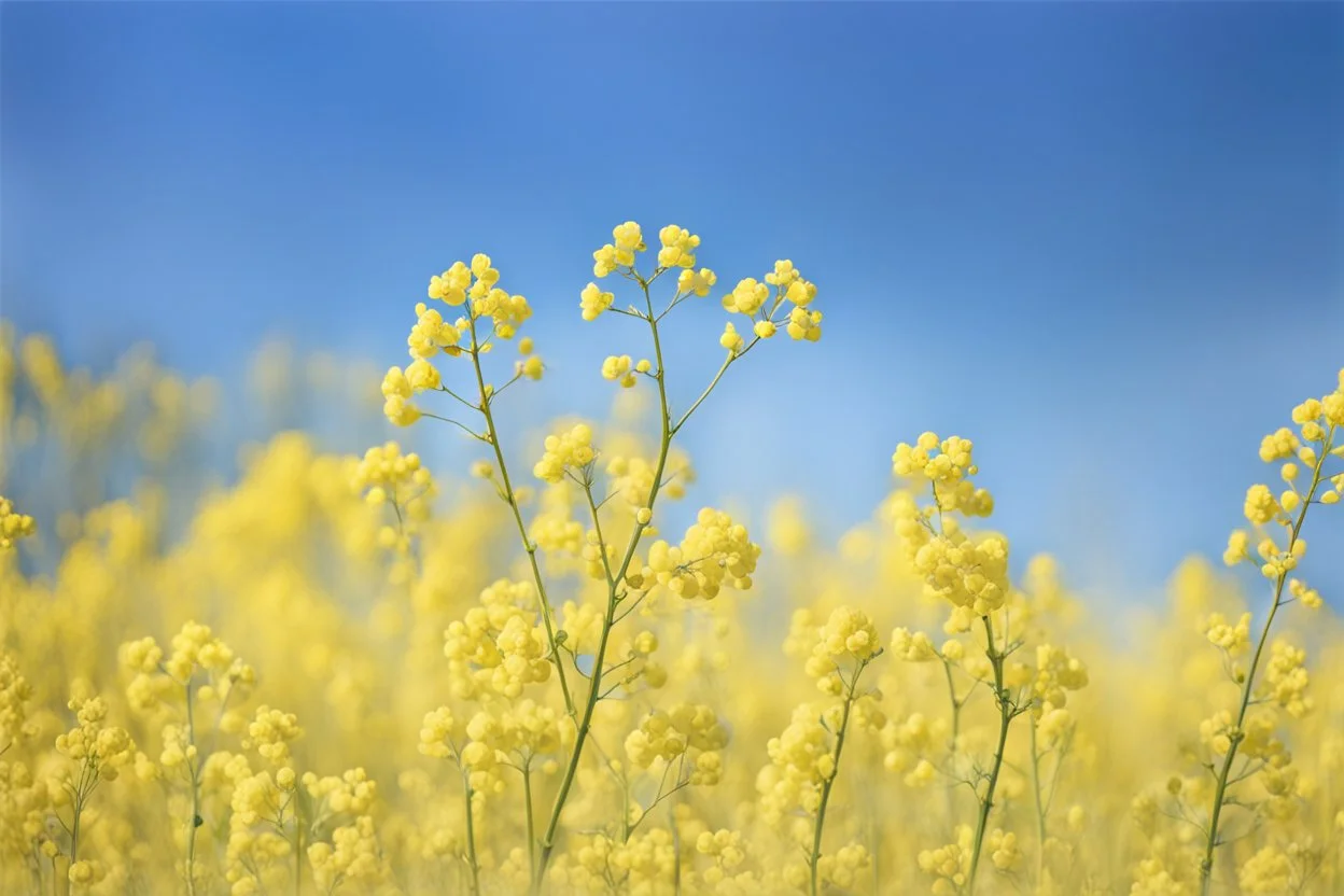 clear blue sky for top half, across Middle is canola flowers with canola stems branches and leaves below, rapeseed sharp focus, realistic