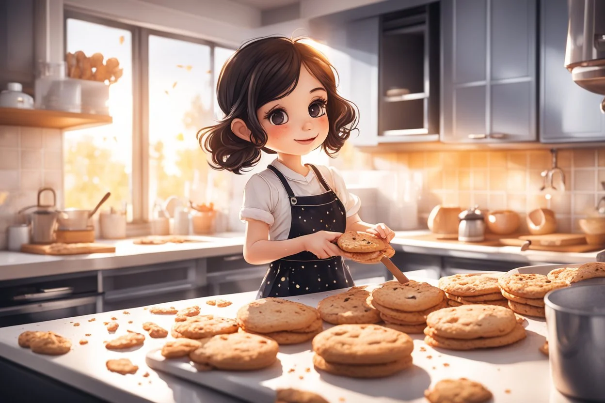 cute chibi brunette girl baking cookies in a modern kitchen in sunshine, watercolor and black in outlines, golden glitter, ethereal, cinematic postprocessing, bokeh, dof