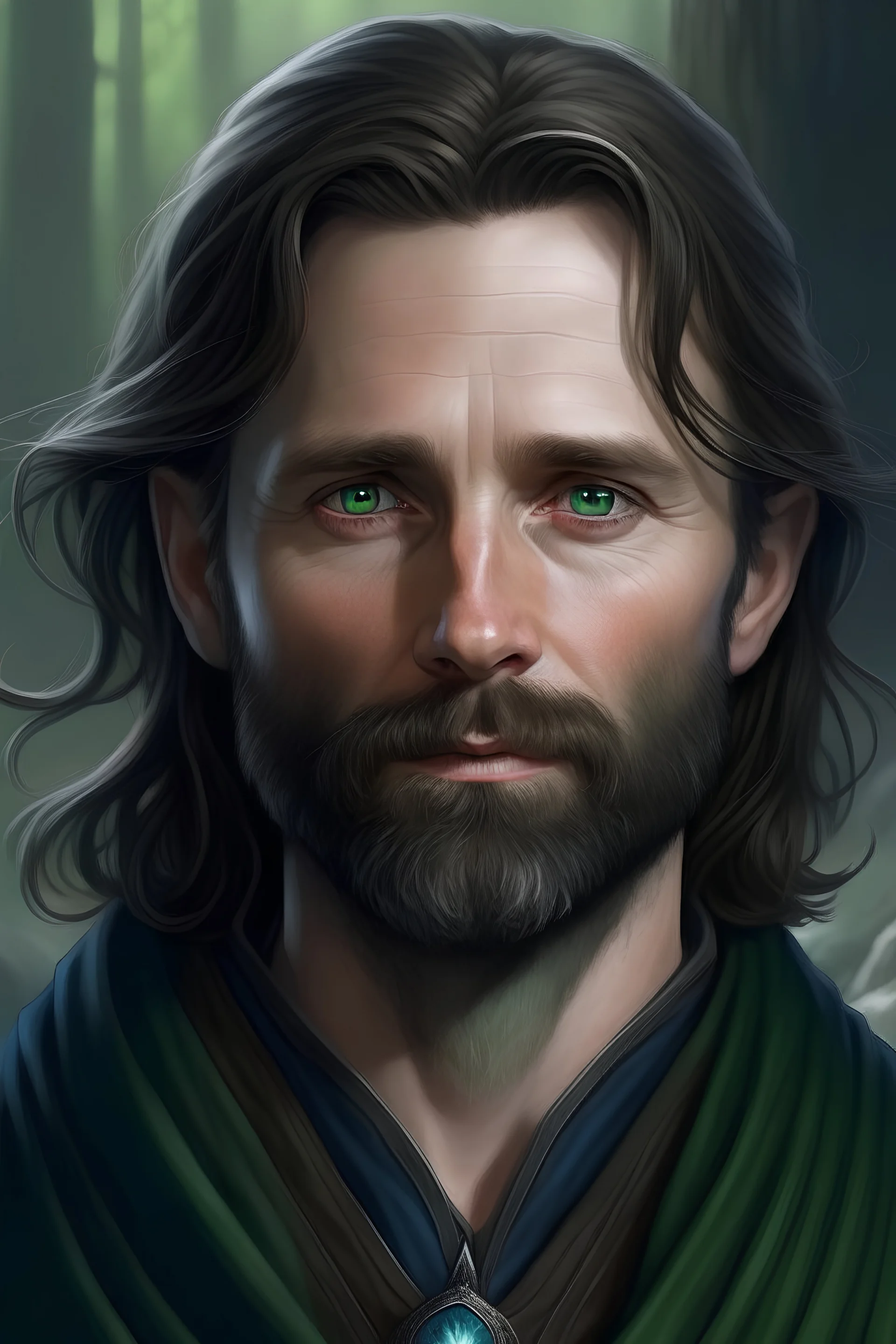 Full colour portrait of a 35-year old white man with brown hair, grey eyes, and a short brown beard, wearing dark blue and green; high fantasy setting; looks like Aragorn