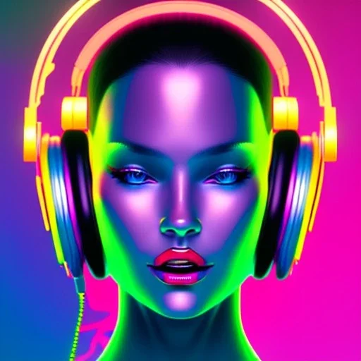 close-up of a female face with headphones in retro colors, synthwave style, 2d, digital, vector art