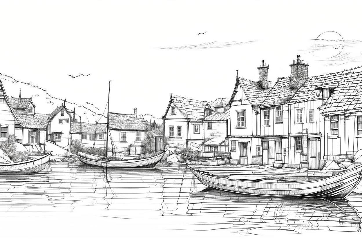 English fishing village thin light sketchy light hb pencil line art minimalist outlines