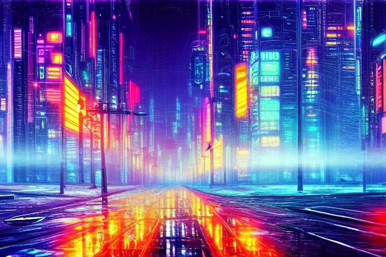 Futuristic cyberpunk street, planet in the sky, impressionism painting