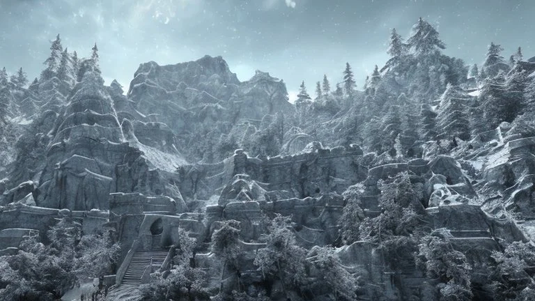 Rising before you is a six-hundred-foot-tall mountain of glacial ice, its peak carved to resemble a gigantic skull wearing a crown. Weaving up the mountain's southern slope are enormous stairs hewn from the ice. These steps, which extend from the base of the mountain to the base of the fortress, were clearly made for giants.