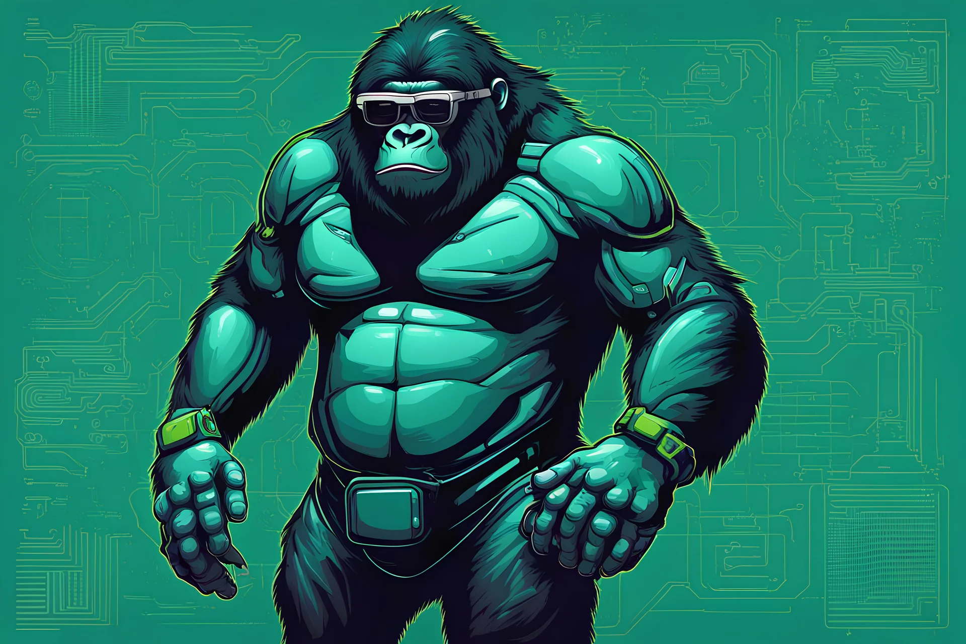 futuristic vector illustration of a full body friendly gorilla with glasses and cap and technical elements in green-blue colours