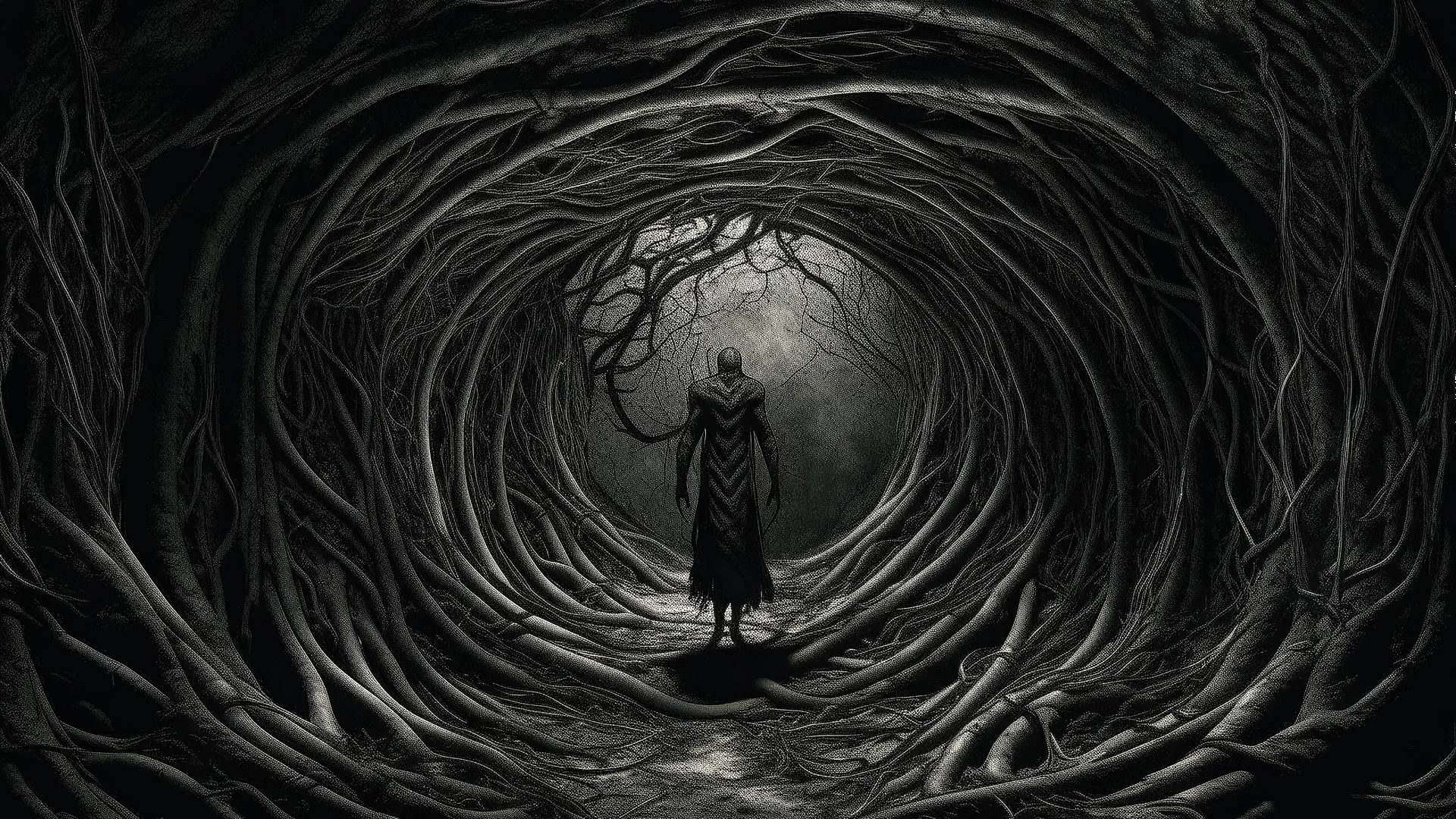 a dark and eerie tunnel with a figure in the center. The figure appears to be a humanoid figure with a long, slender body and a round head. It is standing in the middle is made up of twisted and gnarled branches and roots, creating a tunnel-like atmosphere. The floor is made of stone tiles, and the overall mood is dark and foreboding. The overall mood is eerie and eerie.