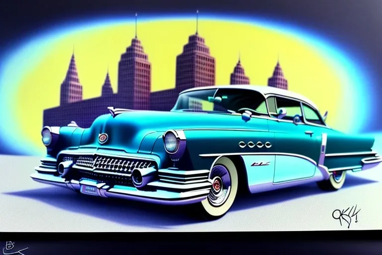 a true-to-life 1953 buick super riviera coupe, centered, intricate, extreme detailed, photorealism, center view, city background, pivot on buick, pen and color marker painting by cheryl kelley