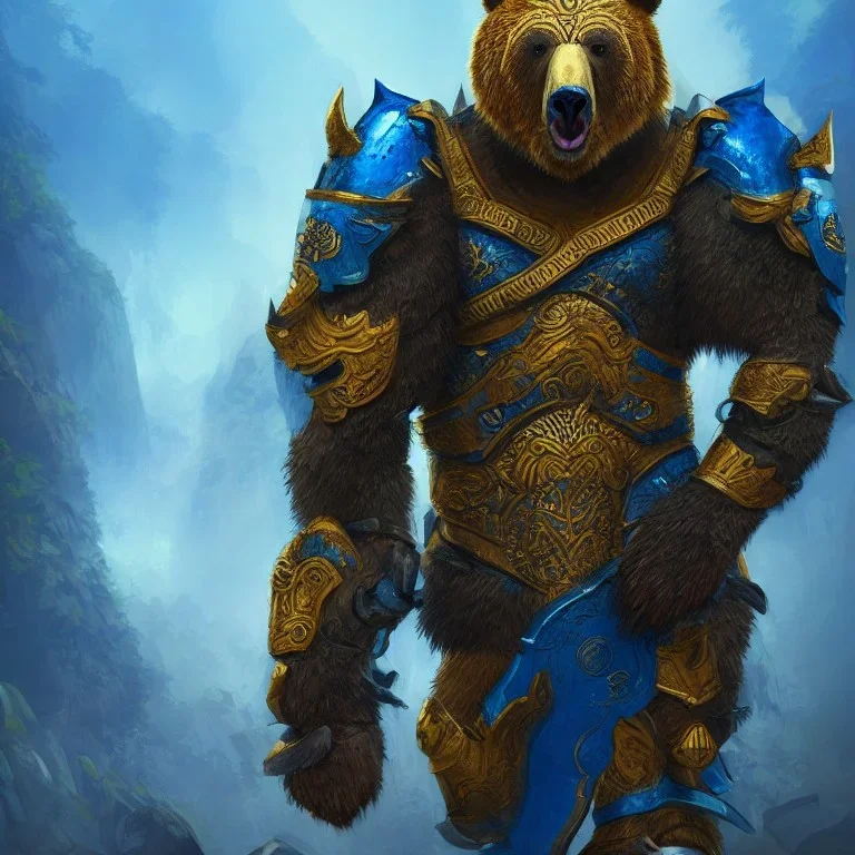 An angry bear warrior in blue and gold armor, background of Inka jungle, high detail, smooth, realistic, digital illustration, Artstation, artgerm,