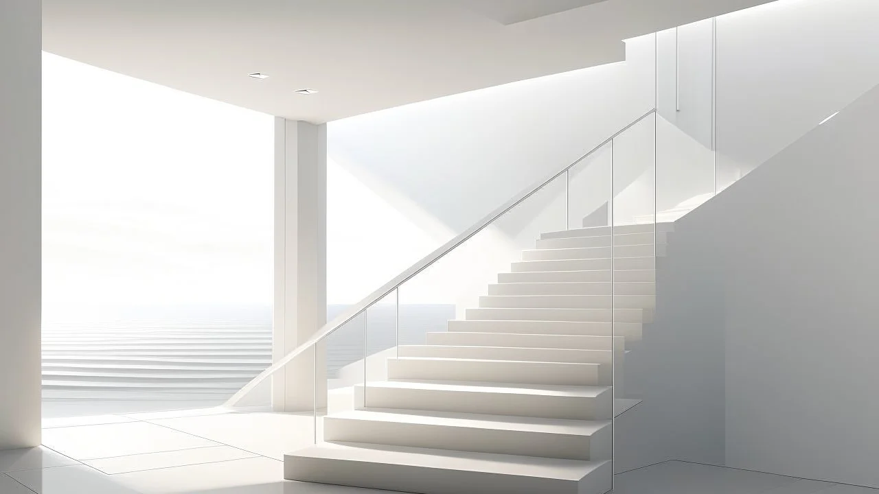 A minimalist architectural rendering of an interior space, featuring a staircase, a window with a view of the ocean, and a person in the background. The color palette is primarily neutral, with shades of white, gray, and beige dominating the scene. The lighting is soft and diffused, creating a calm and airy atmosphere. The staircase is a prominent feature, with white steps and a simple metal railing. It leads to an upper level, and a small square window is visible on the wall next to the stairs.