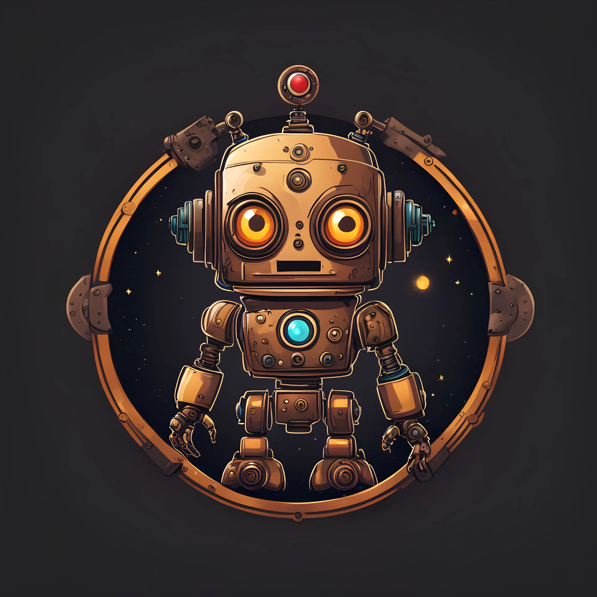 Funny robot logo, dark background, simple design, steampunk, cosmic, cartoon, silly