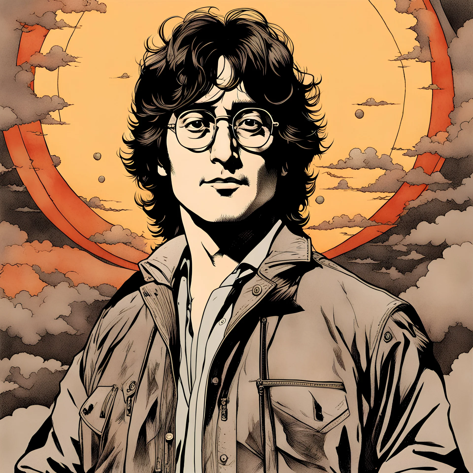 " JOHN LENNON drive motor, add COLOR +++ " Ink drawing , ,modern, ,. full body, draws, watercolour, digital illustration, comic-book style, black and white contrast, perfect anatomy, centred, dynamic, detailed, watercolour painting, diffusion, art station, concept art, smooth, sharp focus, illustration art by and Hokusai ,HD