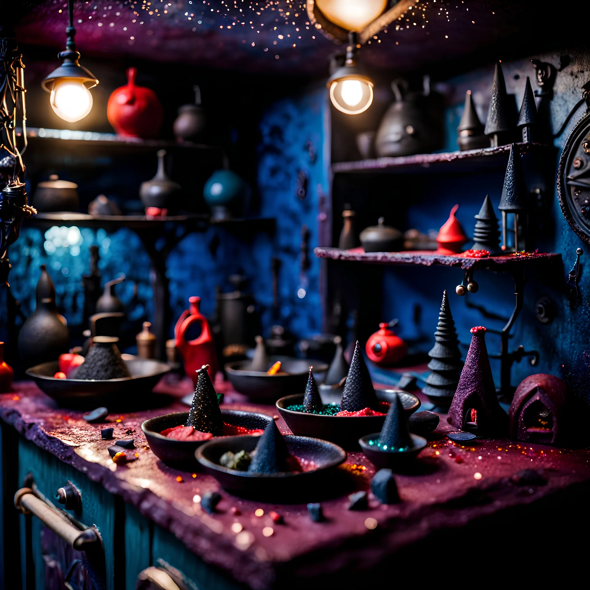 Detailed creepy kitchen made of modeling clay, naïve, Tim Burton, strong texture, extreme detail, Max Ernst, decal, rich moody colors, sparkles, Yves Tanguy, bokeh, odd