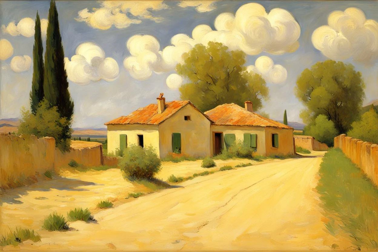 sunny day, clouds, rocks, trees, mountains, countryside, dirt road, adobe old house, gustave caillebotte and pieter franciscus dierckx impressionism paintings