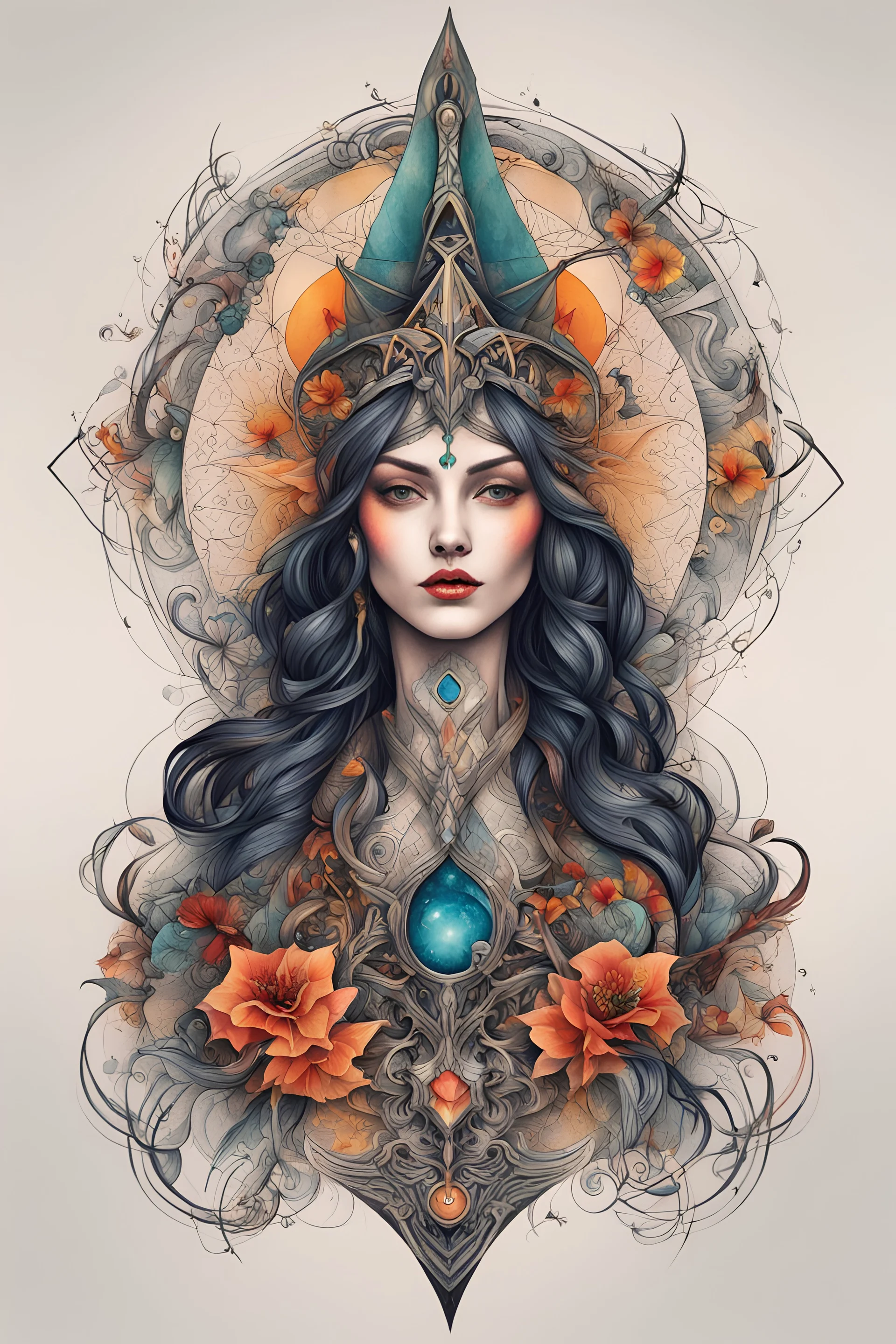 Create a captivating modern 2d colorfull ink tattoo design for print , prestigious Witch using the elegant influences of feudal art style, for print, dynamic elements from fashion and design, and bold European contemporary art aesthetics, framing centered in the center, distanced from the edges of the paper perimeter, perfect anatomy, bauhaus, Divine Proportion,