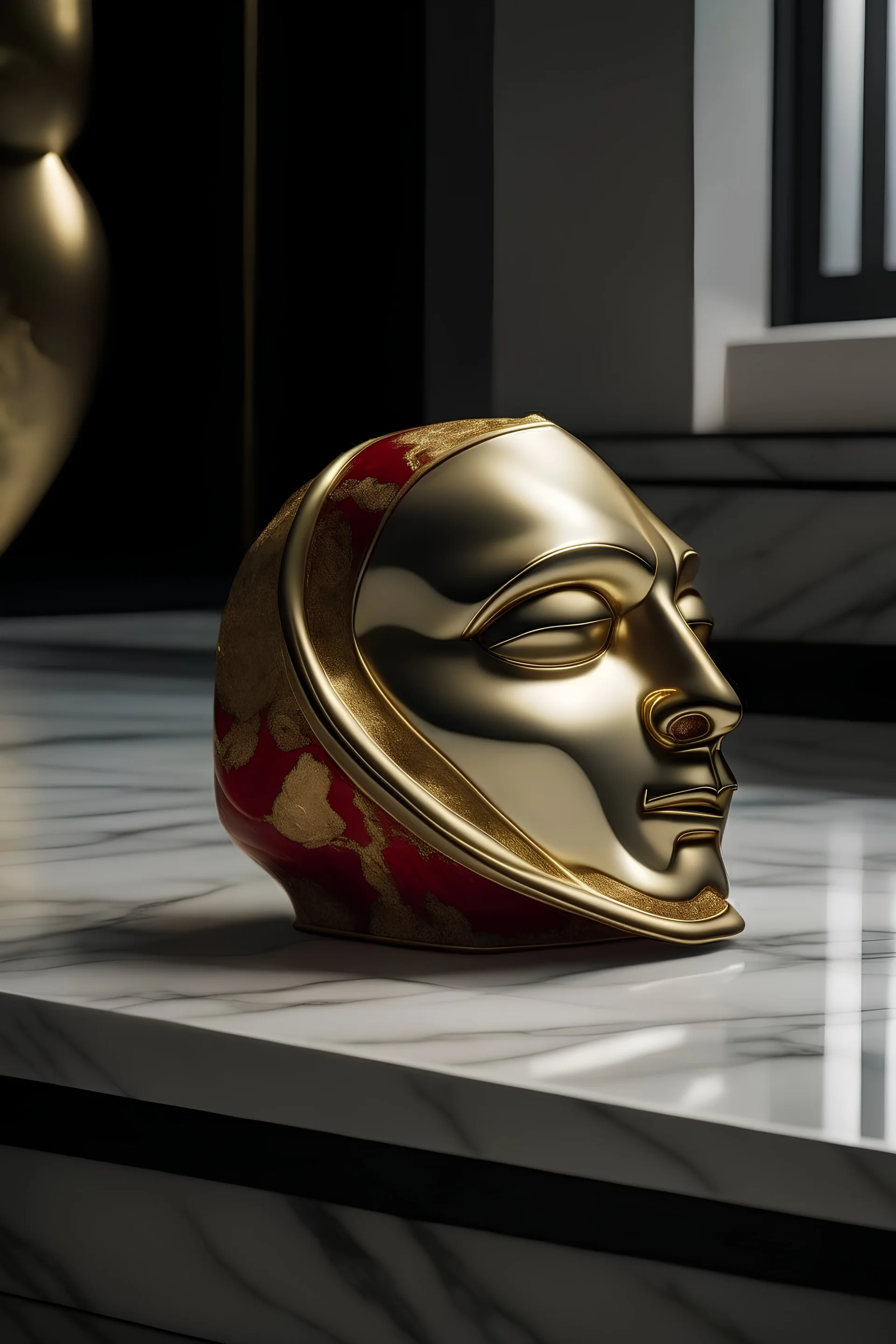 Money Heist Mask "Visualize a luxurious clutch bag resting elegantly on a marble countertop, bathed in soft, golden light."