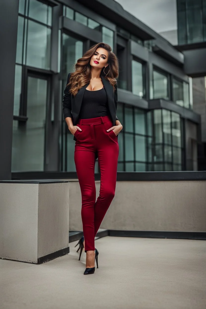 full body of very beautiful girl wearing pants and jacket, curvy hair ,standing idle happy pose in studio pretty makeup