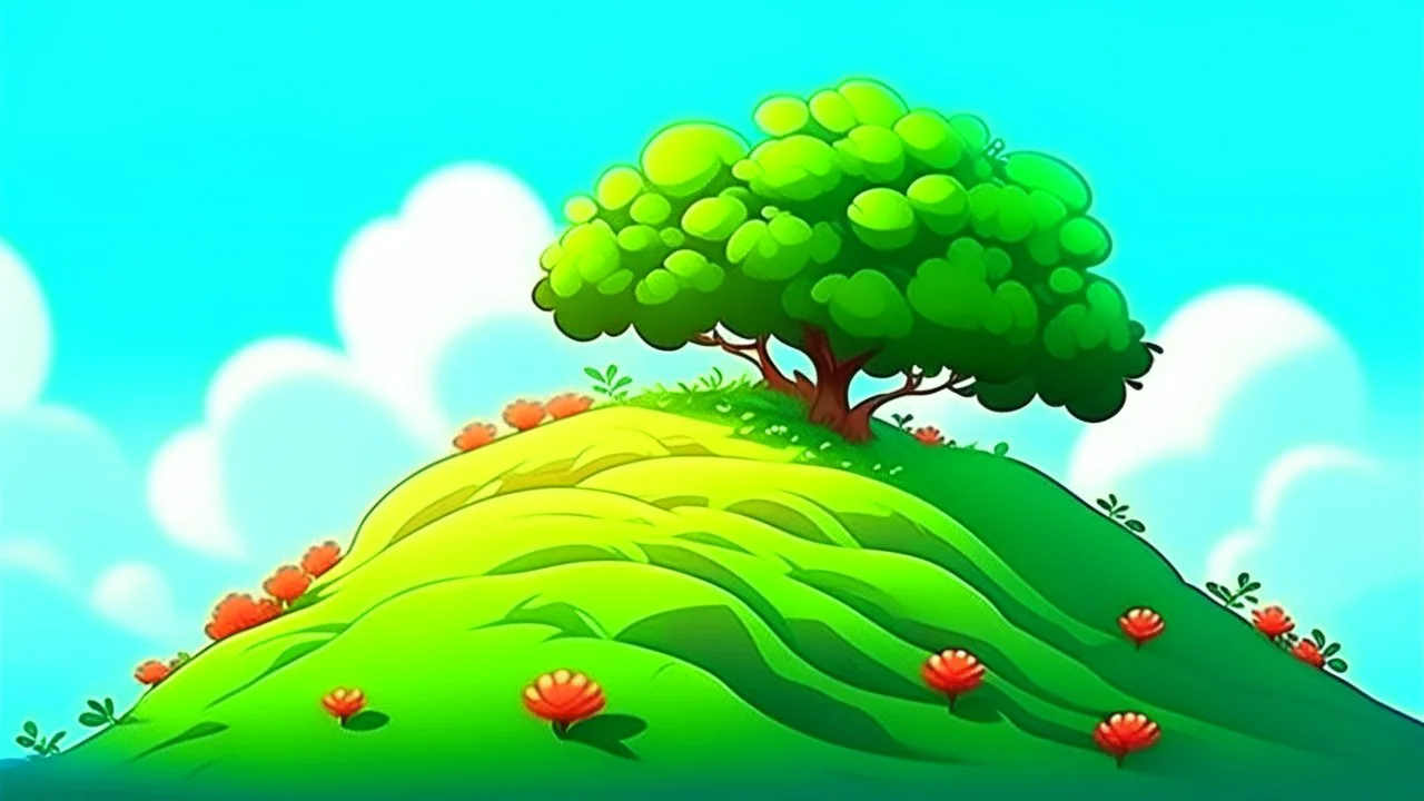 fantasy cartoon illustration: a shrub on a hill, there is a ribbon on the shrub