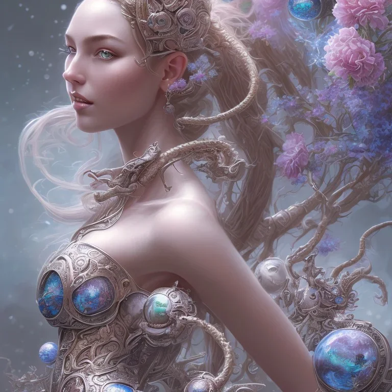 fantasy magic, intricate, sharp focus, illustration, highly detailed, digital painting, concept art, artgerm and paul lewin and kehinde wiley, masterpiece sexy lips with a smile Celtic lady body flowers head silver bright rain lady outer space pretty, pink blue