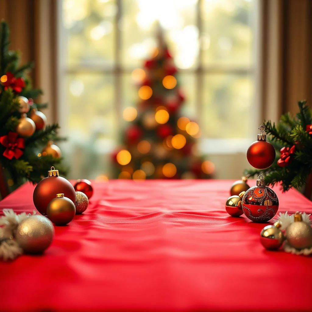 Beautiful Christmas Ornaments On Both Sides Of The Table Leaving The Center Of Table Empty With Red Silky Cloth With Beautiful Bokeh Background.