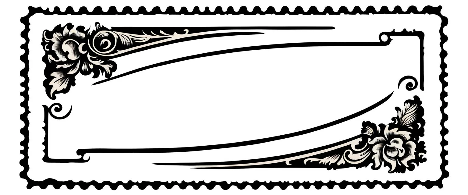 an old engraved stamp with decorative corner elements in the top left and bottom right. add extra elements and color from antique printing