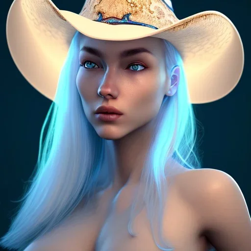 head and shoulders portrait of a women with blue skin and white hair with a cowboy hat, 8k resolution concept art portrait