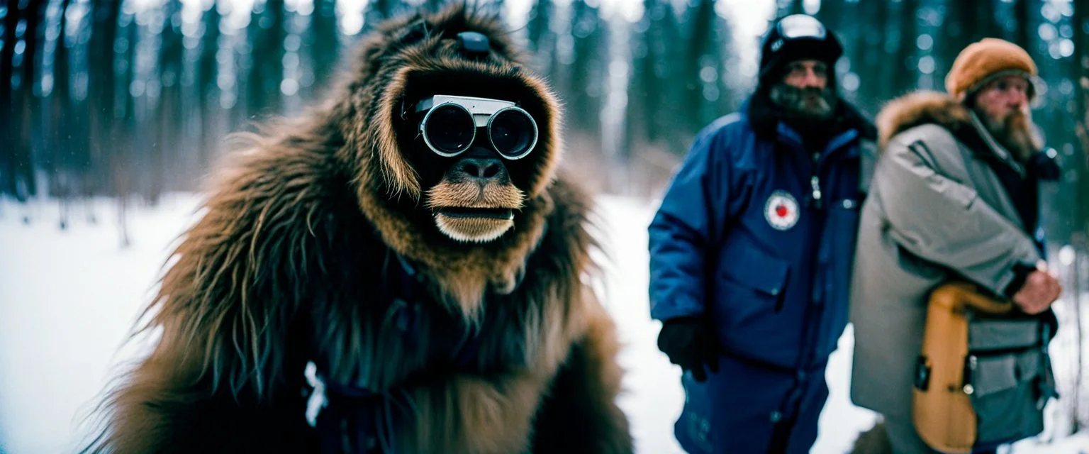 close up documentary photography, Baby Yeti, young curious Bigfoot, scientist, Dystopian, Hyper detailed, realistic fur, Japanese, Extreme depth of field, bokeh blur, winter, blizzard, Alberta, all-natural, in the style of candid, imperfection, natural lighting, Professional shot, shot on Agfa, Fuji Film, Anamorphic lens, 1990s, --ar 4:5 --w 150 --style raw