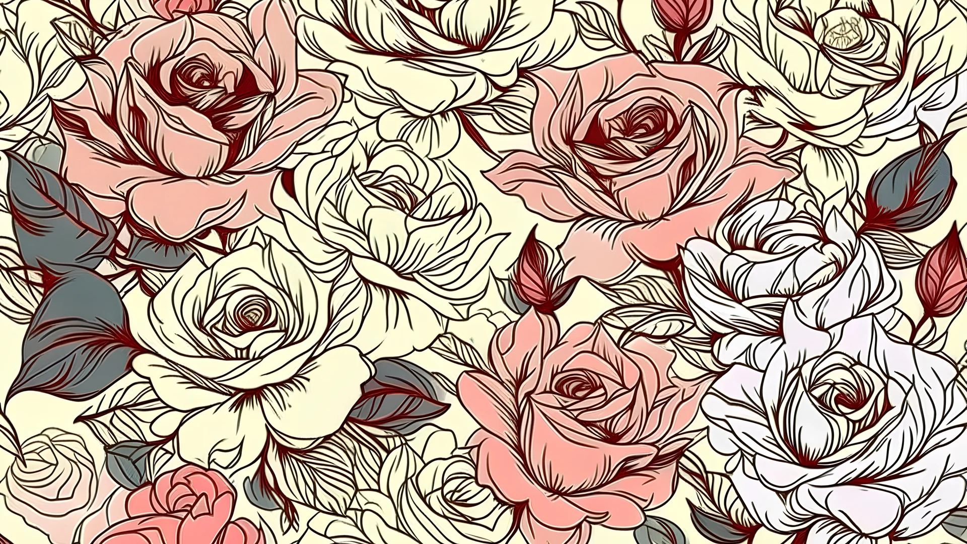 Floral bloom. Silhouettes of large roses and petals. Outline sketch contour drawing, Line art. Seamless pattern made of garden flowers. Fashion design for fabric and textile, postcards, wallpaper.